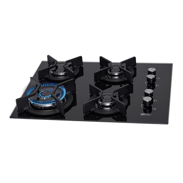 Cooktop a Gás Fischer 4 Bocas Tripla Chama Infinity com Trempe de ferro fundido Mesa Vidro Bivolt PRETO 